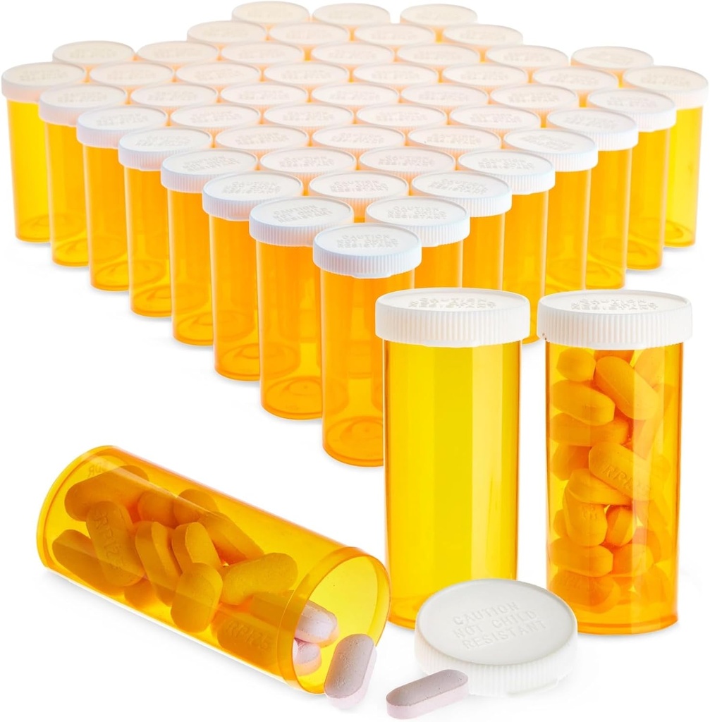 Juvale Pillen Flaschen mit Kappen - 50 Pack, 8 Dram, Orange Kunststoff - Leere Pillen Flaschen und Vials für Reisen & Medizinische Party Dekorationen