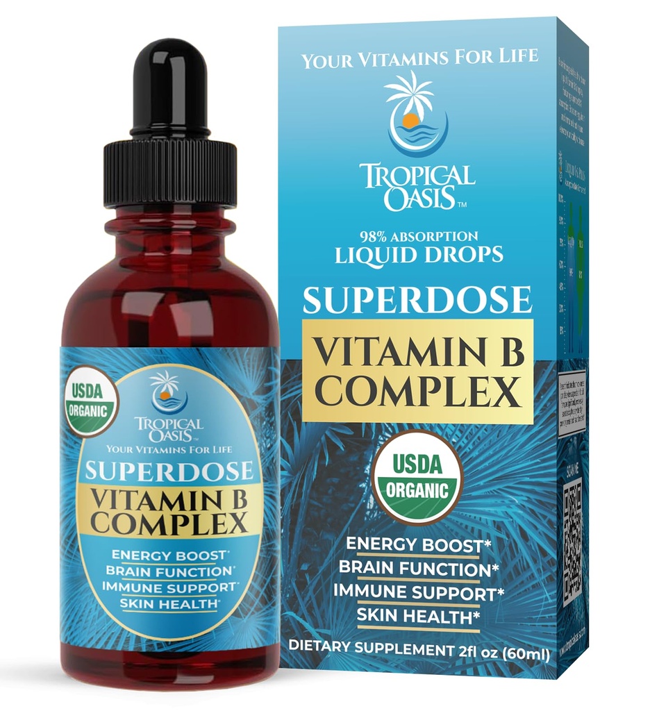 Superdose Organic Vitamin B Complex Liquid Drops | 125.000% DV Vitamin B12, B6, Biotin, Niacin, Folate | Energy, Gehirngesundheit, Immununterstützung | USDA Organic, Vegan, Non-GMO | 60 Serv, 2 Mo. Versorgung