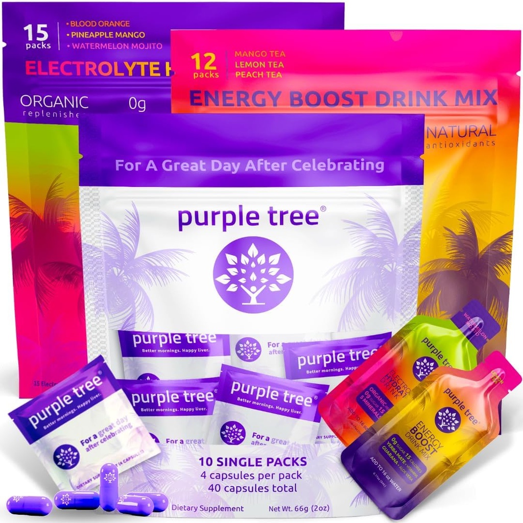 lila Baum Premium 3x1 Combo: Post-Celebration Wellness Pillen, Bio Hydration, Next Day Energy Stick Packets | 10 Party Bag Kits für bessere Morgen & Happy Liver, Hochzeiten, Reisen, Bachelorette