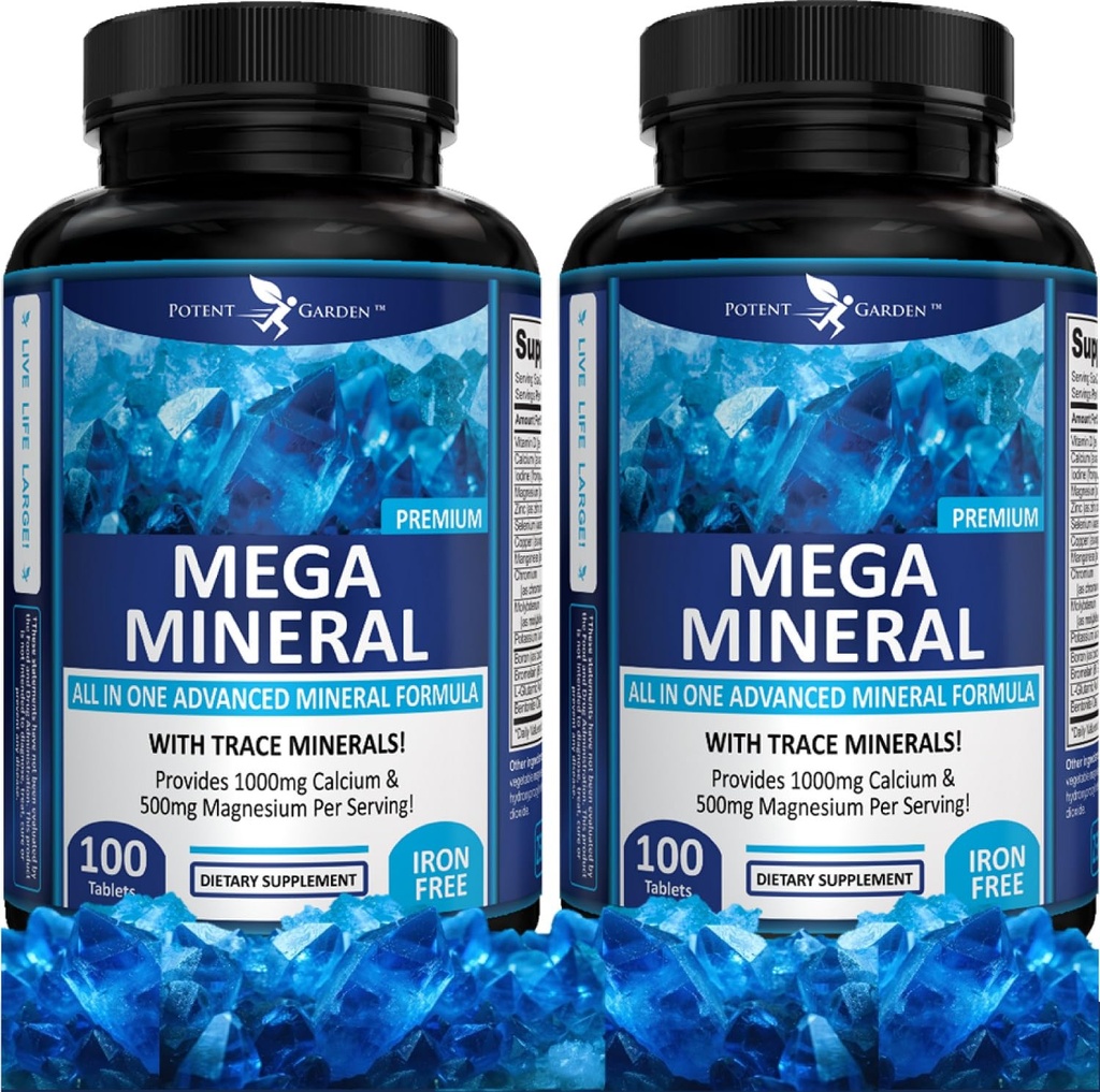 Potent Garden 2-Pack Mega Mineral Supplement Komplette Mineralkomplex mit Calcium Magnesium Zink Bor Selen Chrom & 72 Spurenmineralien Eisenfreies Calcium Supplement -200 Pillen