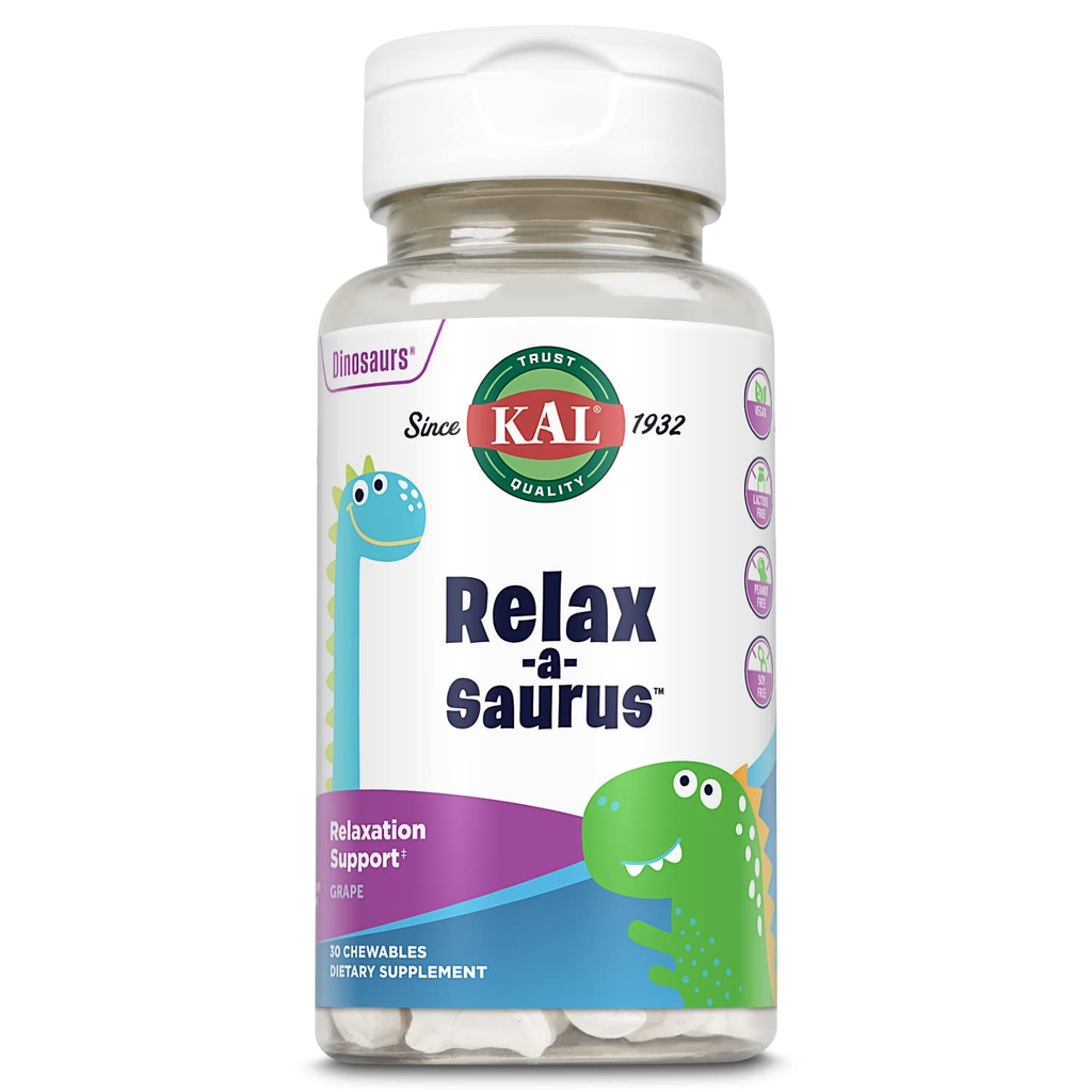 KAL Relax-a-Saurus, Stress Support-Ergänzung für Kinder, L-Theanine für Kinder mit Kräuter Stress Relief & Entspannung & Blend, Delicious Natural Grape Flavor, 60-Day Garantie, 30 Chewables