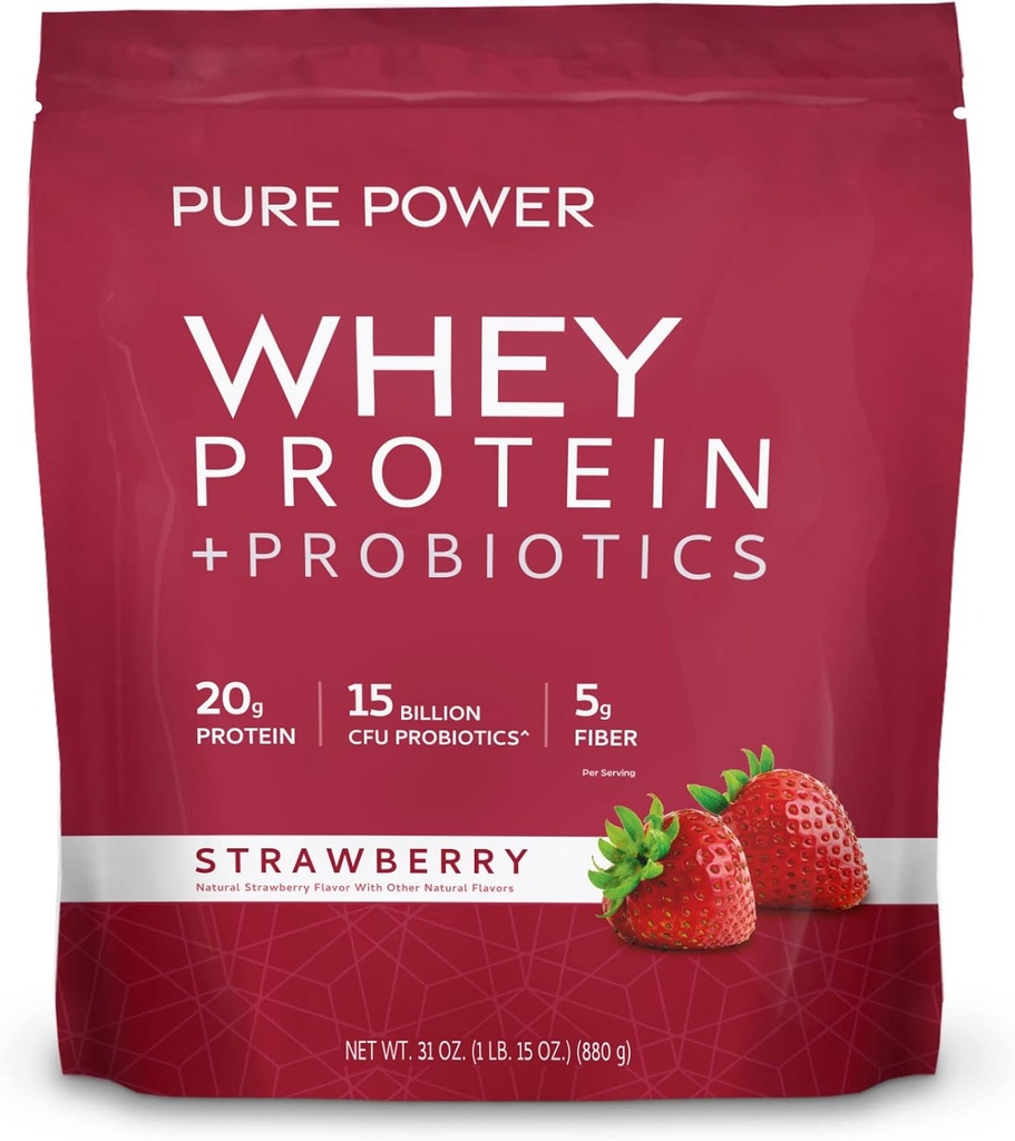 Dr. Mercola Pure Power Whey Protein + Probiotics - Unterstützt Muskel-Recovery & Digestive Health - Weide-Raised Whey - MCTs & Fiber - Vanille - 31 Unze (22 Servietten) - Erdbeere