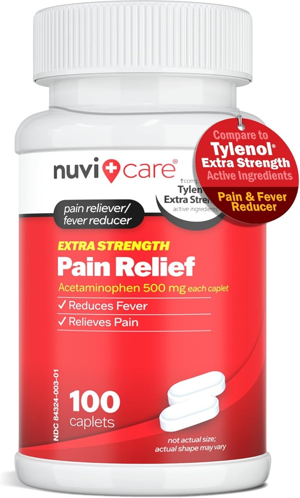 Acétaminophène 500mg Extra Strength Pain Relief - Comparer avec Tylenul Extra Strength Pain Reliever & Fever Reducer - Comprimés de 500mg pour adultes pour les maux de tête (100 Caplets)