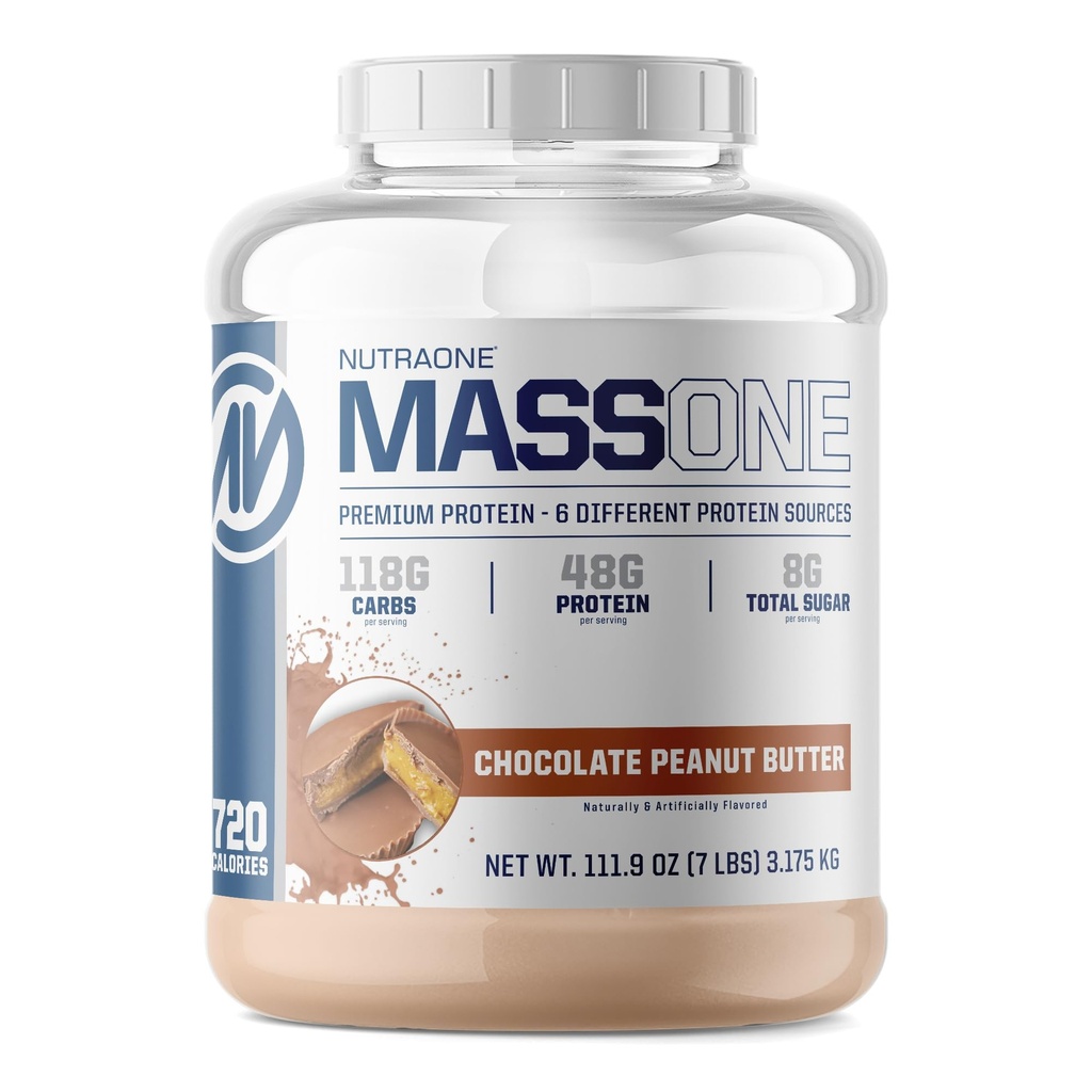 NutraOne Massone Mass Gainer Protéine Poudre Gain Masse Protéine Remplacement des repas (Beurre d'arachide chocolaté - 7 lbs.)