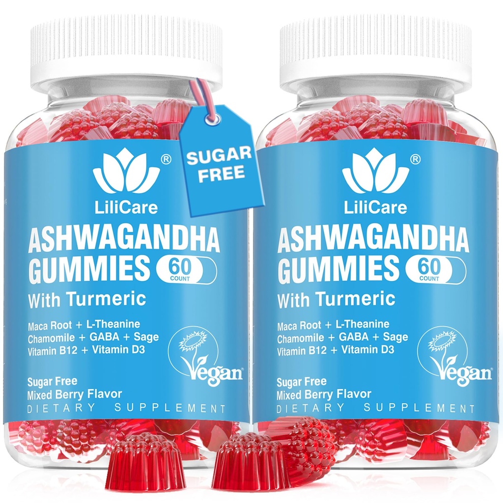 Ashwagandha Gummies 2000mg per Donne Uomini - Zucchero Libero, Vegan - Estratto di radice di Ashwagandha organico Supplementi Gomma & Vitamina D3, B12 e Turmerico, Promuovi il rilassamento, Aroma di bacche miste, 120 Conte