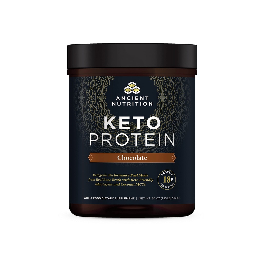 Ancient Nutrition Poudre de protéines de Keto, KetoPROTEIN avec les graisses de la moelle osseuse et de l'huile MCT, Chocolat, 18g Protéine 10g de graisse par portion, sans gluten, faible teneur en glucides, paléofriendly, 17 portions