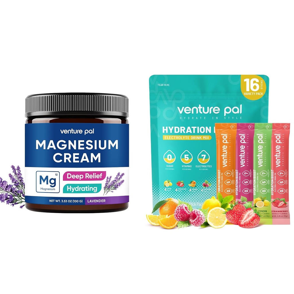 Venture Pal hydratant Lotion de magnésium et paquets de poudre d'électrolyte sans sucre