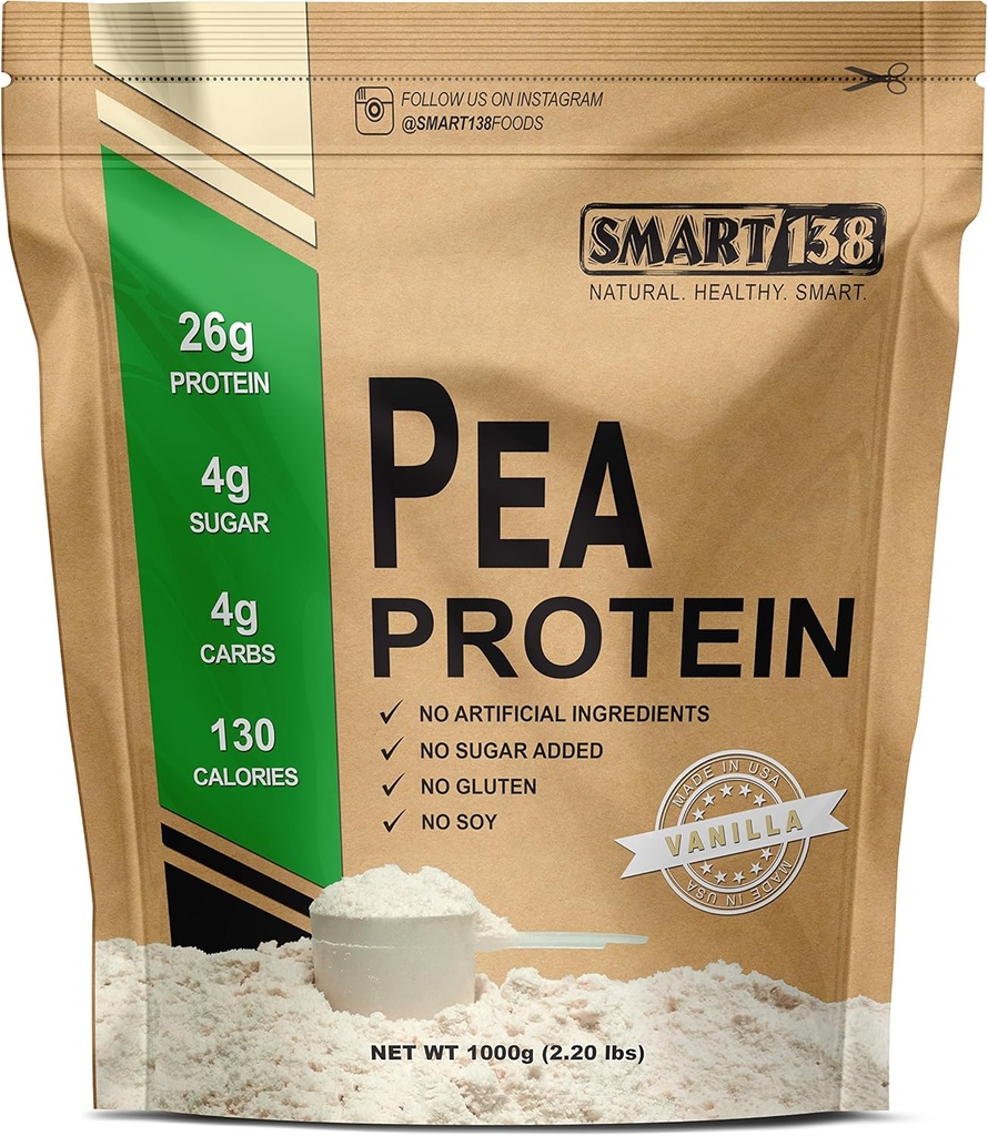 Smart138 Vanilla Pea Protein, Ultra-Fine Powder, Vegan, Gluten-Free, Soy-Free, Dairy-Free, Non-OGM, USA/Canada, Keto (Carb bassa), BCAA naturali (1000g / 2.2lbs, Vanilla)