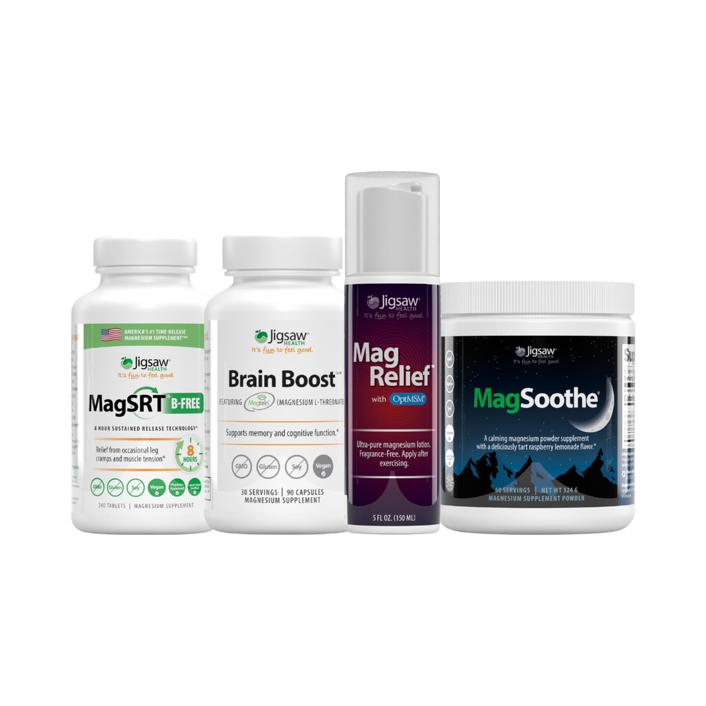 Jigsaw Health Ultimate B-Free Magnesium Bundle | MagSRT (B-Free), 240 compresse, Brain Boost, 90 capsule, MagRelief, 5 once (Lozione), e MagSoothe (Raspberry Lemonade), 60 Servings (Jar)