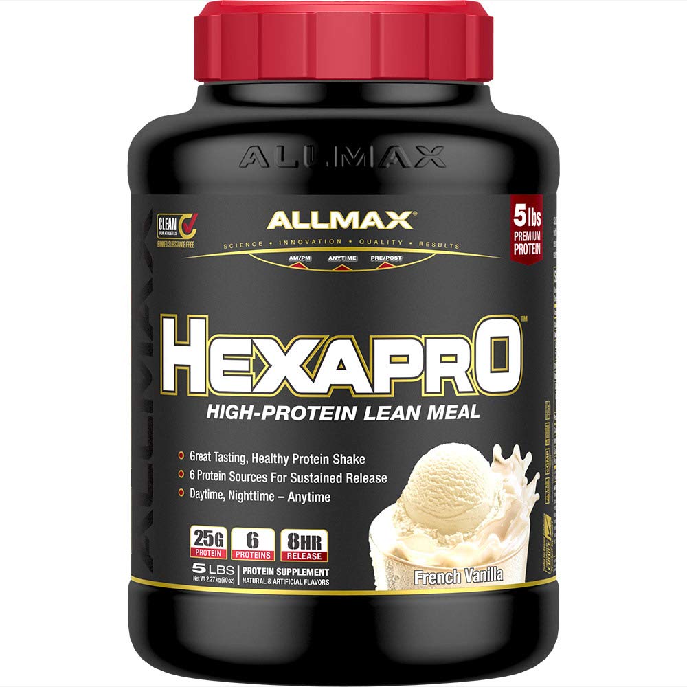 ALLMAX Nutrition HEXAPRO, Vanille française - 5 lb - 25 grammes de protéines par portion - Libération prolongée de 8 heures - Zéro sucre - 52 portions