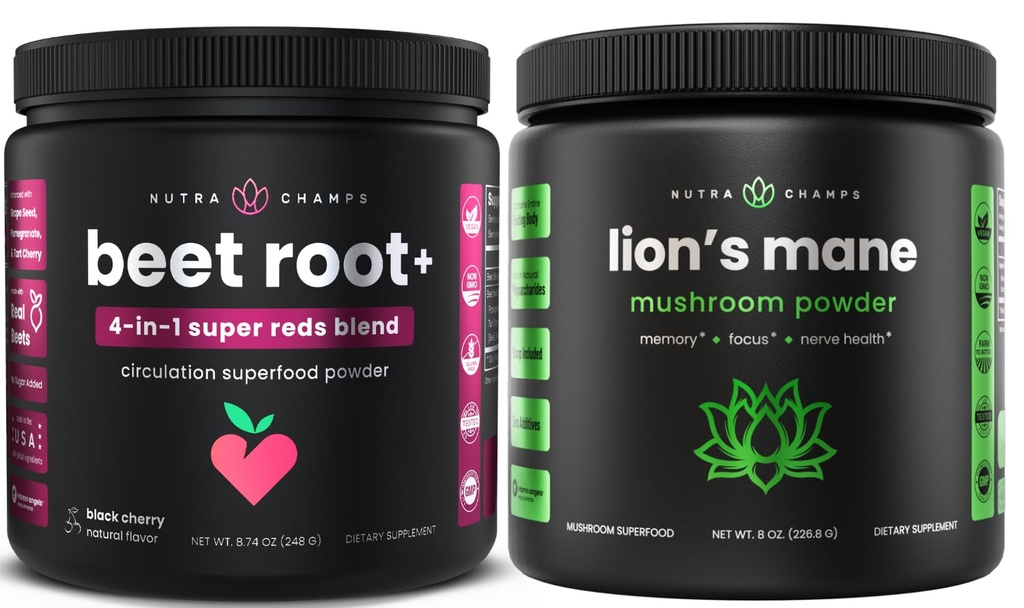 Polvere di radice di barbabietola di NutraChamps e polvere di mane del leone. Potenti miscele di circolazione & adaptogen