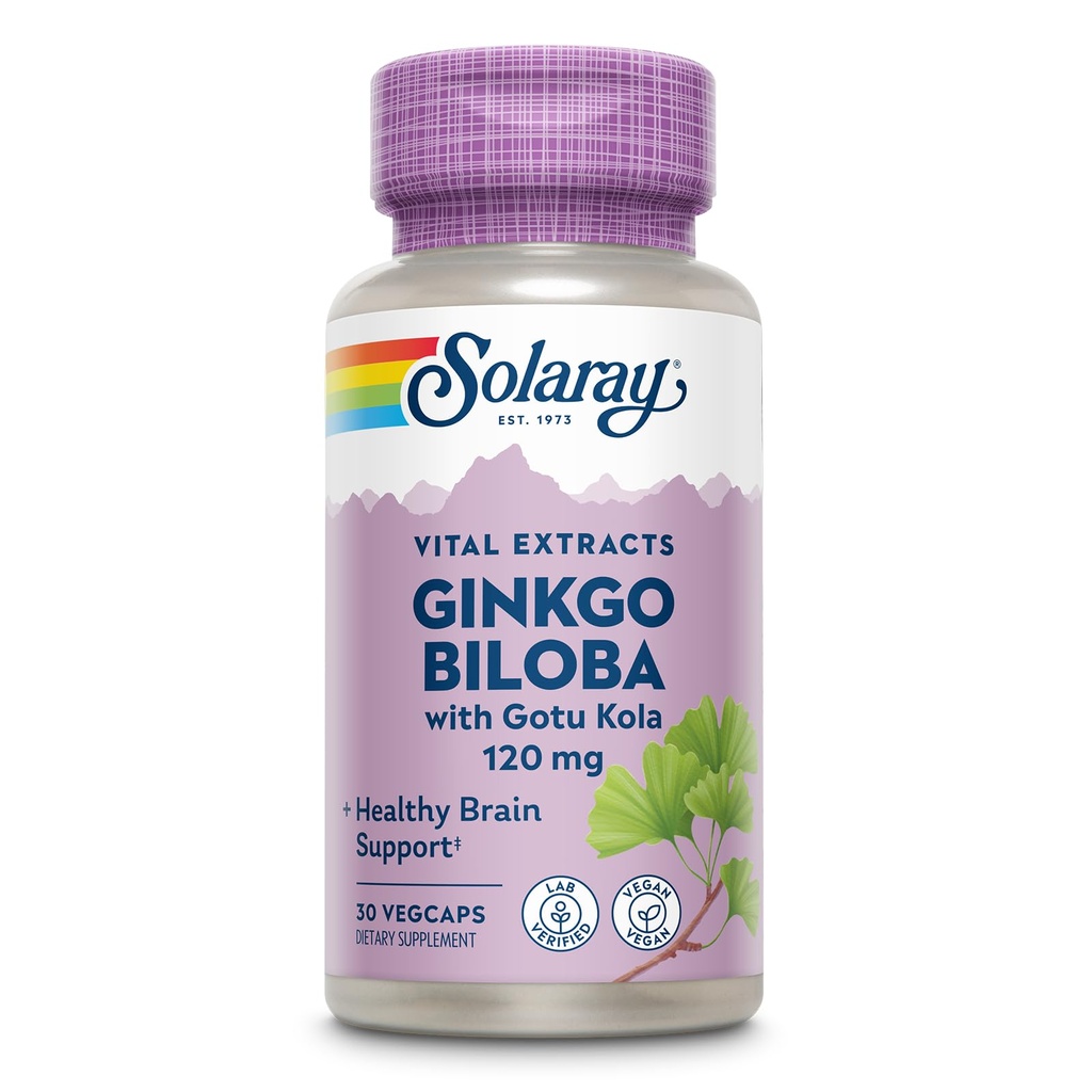 SOLARAY Ginkgo Biloba Extrakt mit Gotu Kola - Ginko Biloba Kapseln für Brain Health Support - Vegan, Lab Verified, 60-Day Garantie - 60 Servietten, 60 VegCaps (30 VegCaps)