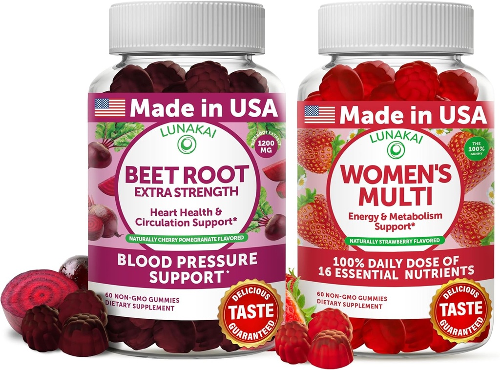 Radice di barbabietola Lunakai e Donne Multivitamina Gummies Bundle 100% Valore giornaliero di 16 vitamine e minerali essenziali (Vitamine A,B,C,D,E)