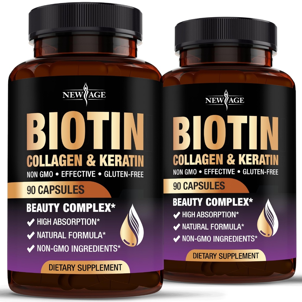 NEU AGE Biotin Collagen Keratin Hyaluronsäure - 50.000 mg Haarwachstum Vitamine für Männer und Frauen, Nägel, Haar, Haut Vitamine und DHT Blocker mit Vitamin E Folsäure Kürbis Seed MSM- 180 Count