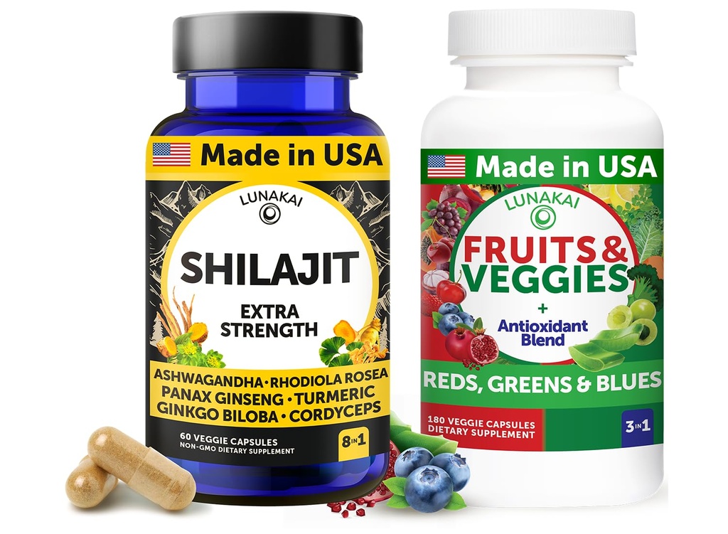 Lunakai USA produit Shilajit & Superfood Fruits & Veggies Supplément avec Ashwagandha, Rhodiola, Cordyceps et 4 mélanges pour l'énergie et le bien-être
