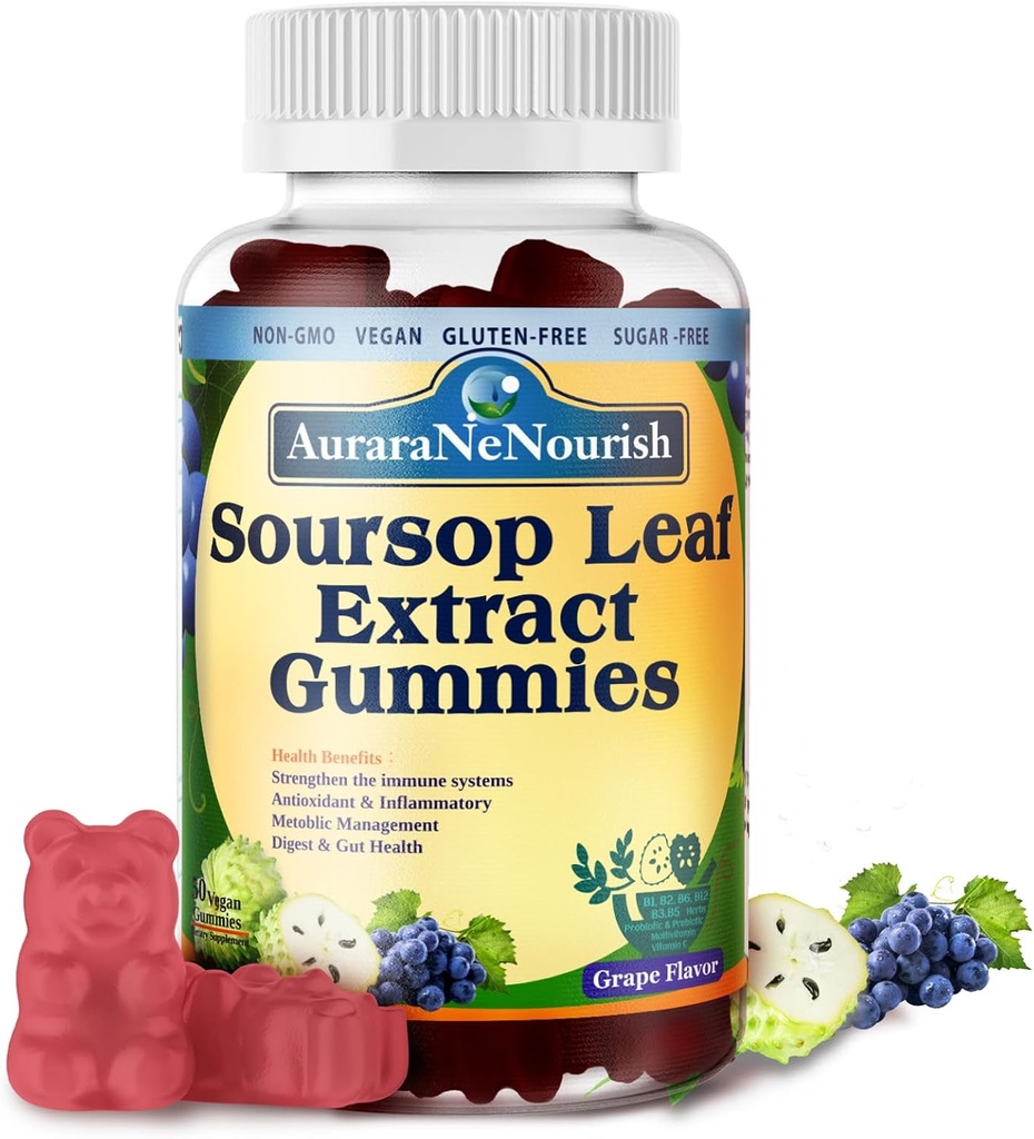 Zucchero Soursop Gummies con Probiotics & Fiber 100 miliardi di CFU, Soursop organico lascia l'estratto con vitamina C B-Complex per la salute del fegato digestivo, equilibrio energetico, aumento immunitario