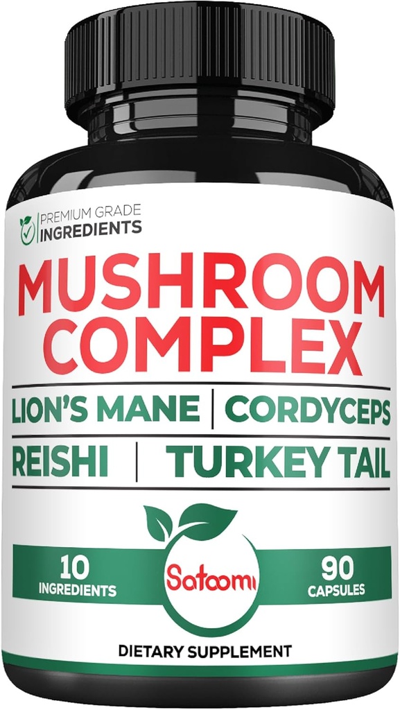 Satoomi 10in1 Lions Mane Supplement Complex - Blended with Cordyceps Sinensis, Reishi Mushroom, Turkey Tail Mushroom & Others - 90 Count for 3 Mesi