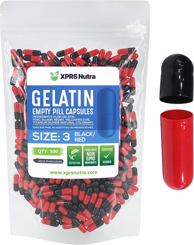 XPRS Nutra Größe 3 Leere Kapseln - 500 Graf Leere Gelatine Kapseln - Pillen DIY Kapsel Füllung - Pure Bovine Pille Gel Caps Fillable Do-It-Yourself Vitamine und Ergänzungen (schwarz/rot)