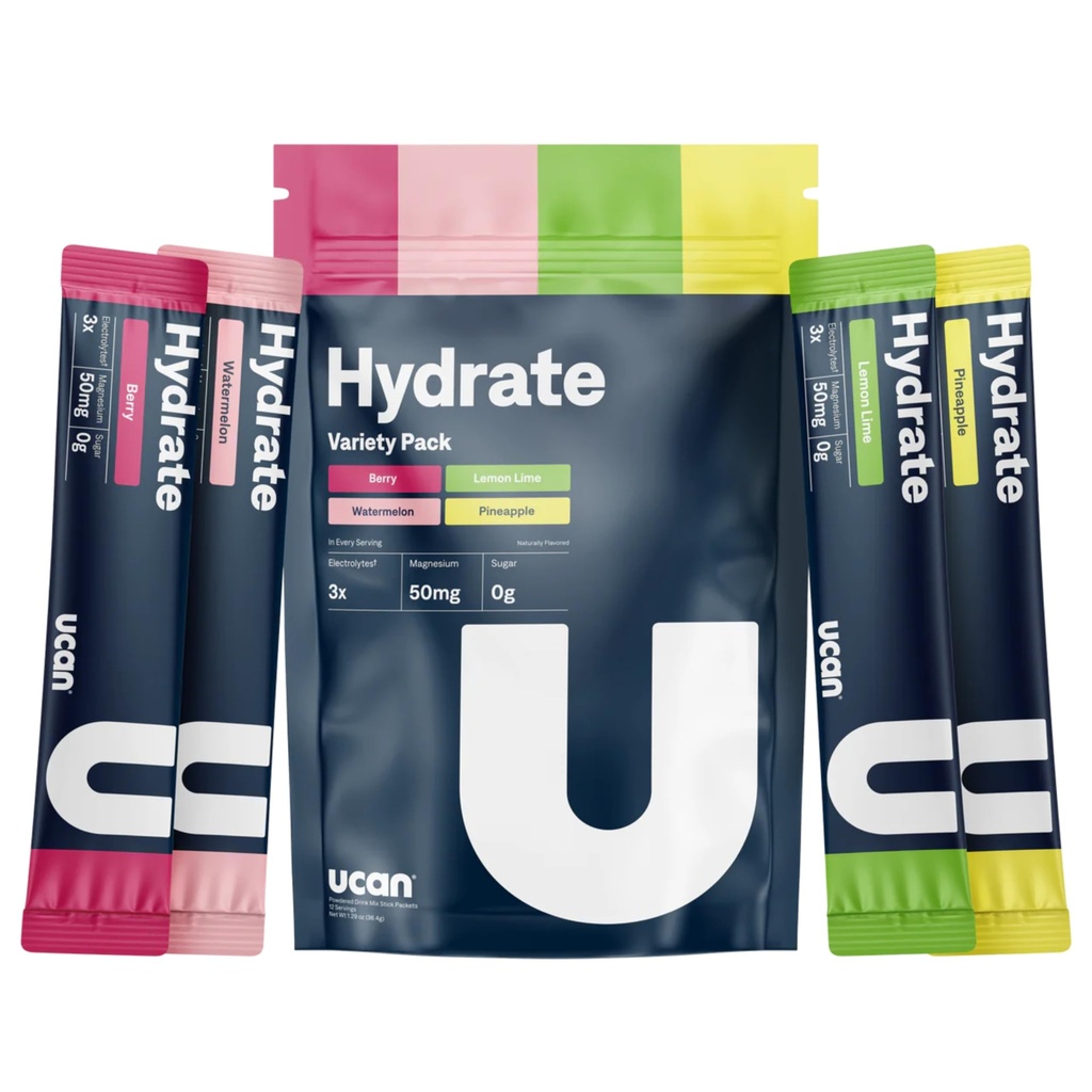 UCAN Hydrate Electrolyte Drink Mix (Variety Pack, 12 Stickpacks) Zuckerfrei, Keto-Friendly, Vegan, Non-GMO, Glutenfreies Elektrolytpulver mit Kalium & Magnesium für Läufer & Athleten