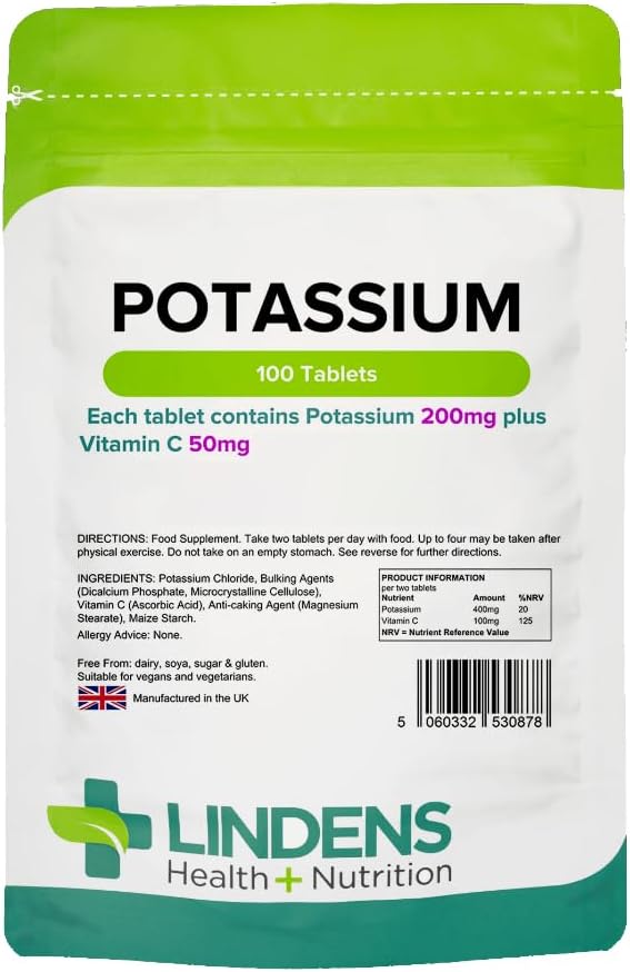 Potassium, 100 comprimés, 200 mg, pression artérielle, crampe