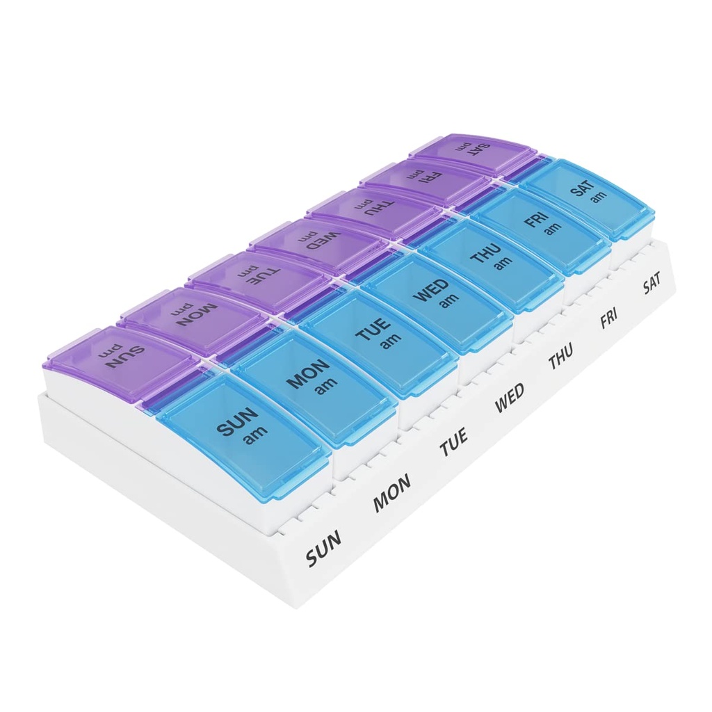 Dose particulièrement élevée par semaine (7 jours) Organisateur de pilules AM/PM, boîte à vitamines et à médicaments, petits compartiments, 2 fois par jour, lys bleus et violets