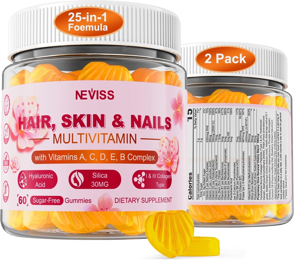 Zuckerfreies Multivitamin für Frauen-Gummien mit Biotin 5000mcg, Collagen MSM Hyaluronsäure, Vitamin A C D3 E & B Complex und Methyl Folat & B12, Organische Multi Vitamine für Haarhautnägel, Energie