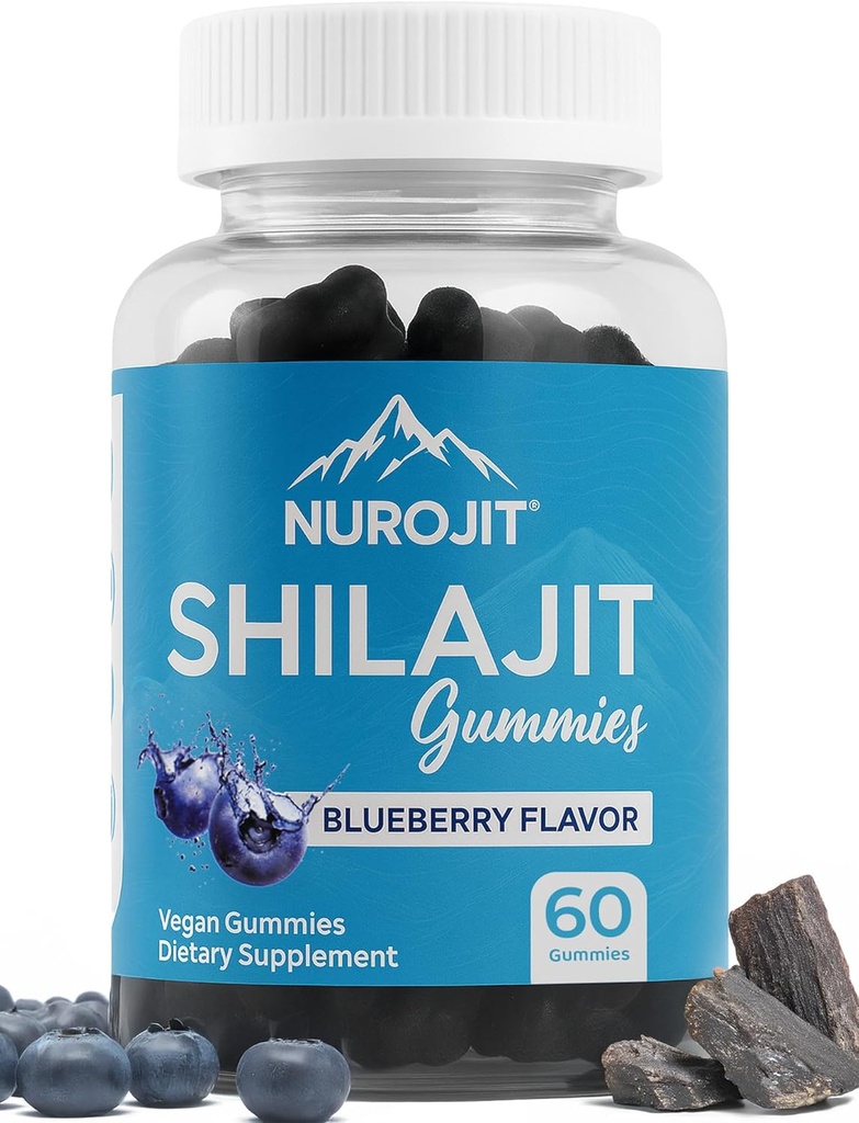 Shilajit Gummies, Blueberry Flavor, Himalaya Extrakt, Lab Getestet, Non-GMO, Glutenfrei, Vegan freundlich, Mess-freie Alternative zu Harz, Einfache Ergänzung zu Daily Routine, 60 Vegan Gummies