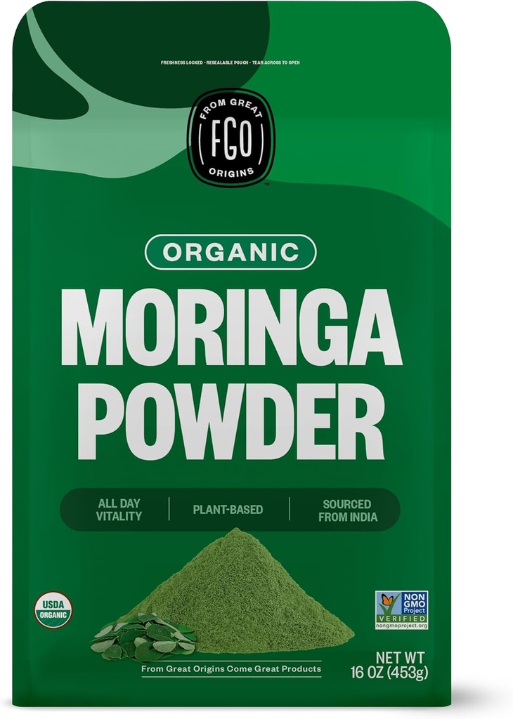 FGO Organic Moringa Oleifera Leaf Powder, 16oz Bulk Resealable Pouch, aus Indien, Non-GMO, Packaging May Vary (Pack mit 1)
