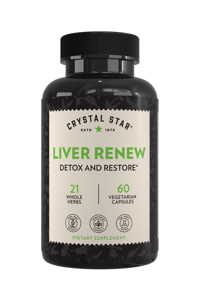 Crystal Star Liver Renew, 60 Kapseln, pflanzliche Leberreiniger-Ergänzung, die normale Leberfunktion unterstützt und fördert Toxin Release - Milchdistel, Non-GMO