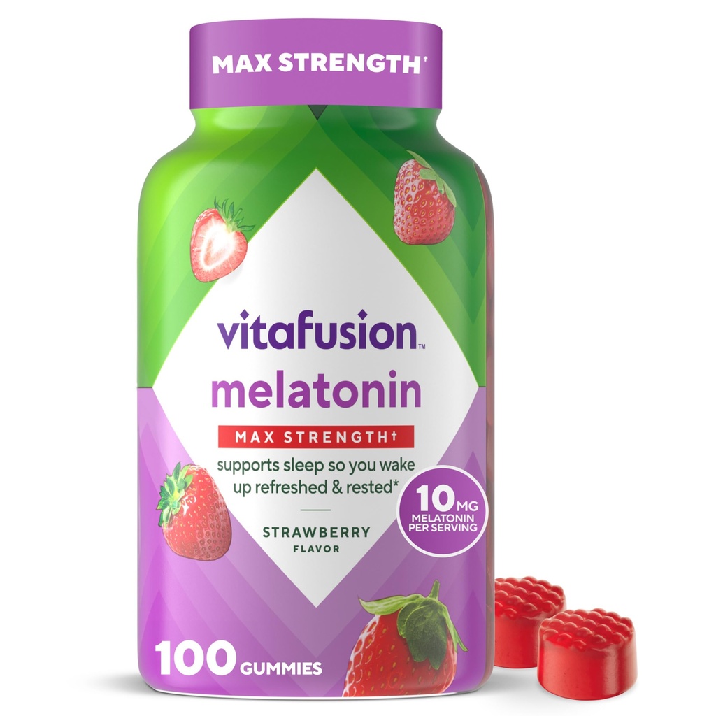 Vitafusion Max Strength 10 mg Melatonin Gummies, Fragola aromatizzata, Adulto Melatonin Gummy Vitamin Supplement, 100 Conte, 50 giorni di alimentazione