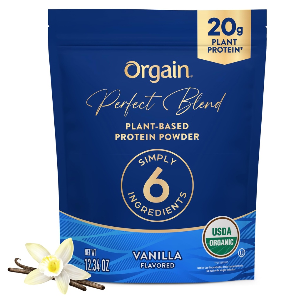 Orgain Organic Vegan Perfect Blend Protein Powder, 20g Clean Plant Protein, 6 Ingredienti, <1g Zucchero, Gluten Free, Non OGM; Nessun aroma artificiale, Estratto di Stevia, Latticini o Soia Ingredienti- Vanilla
