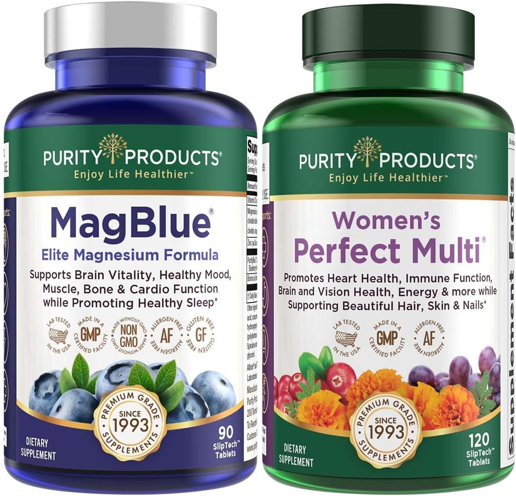 Prodotti di purezza Bundle - MagBlue + Donna Perfetto Multi - MagBlue (Magnesium Bisglycinate + Vitamina D3 + Più) - Donne Perfette Multi - Supporta la salute del tratto urinario, Immunità, Chiodi della pelle dei capelli +Di più
