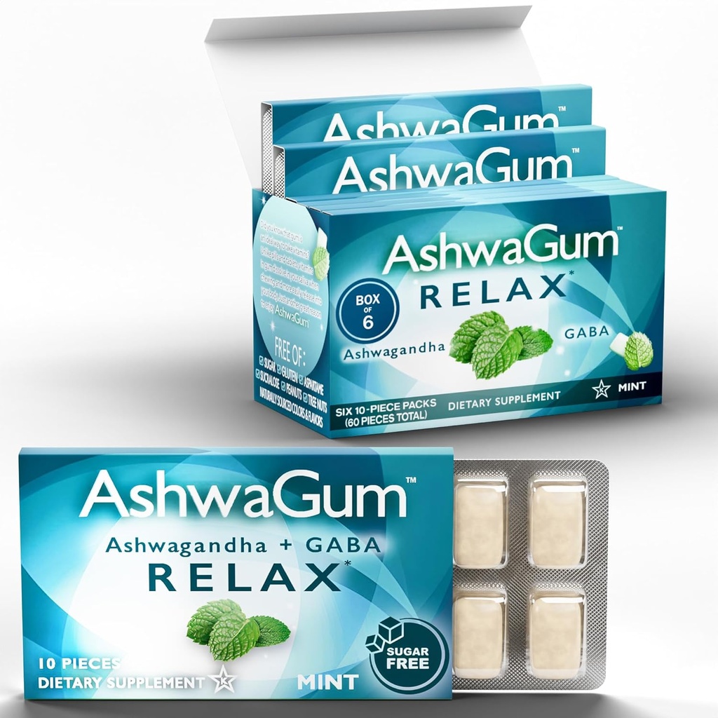 AshwaGum RELAX Gum di BetterGum, supplemento ad alta potenza con KSM 66 Ashwagandha e Gaba, supporto Stress e Anxiety Relief, supporto Cortisol, alternativa a Gummies, senza zucchero, 10 pezzi - 6 confezione