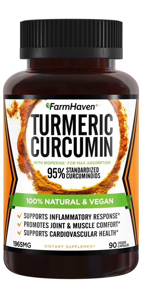 Kurkuma Curcumin mit BioPerine Black Pepper & 95% Curcuminoids, 1965mg, maximale Absorption für Gelenkunterstützung, Non-GMO Turmeric Capsules, Made in USA - 90 Veg Caps