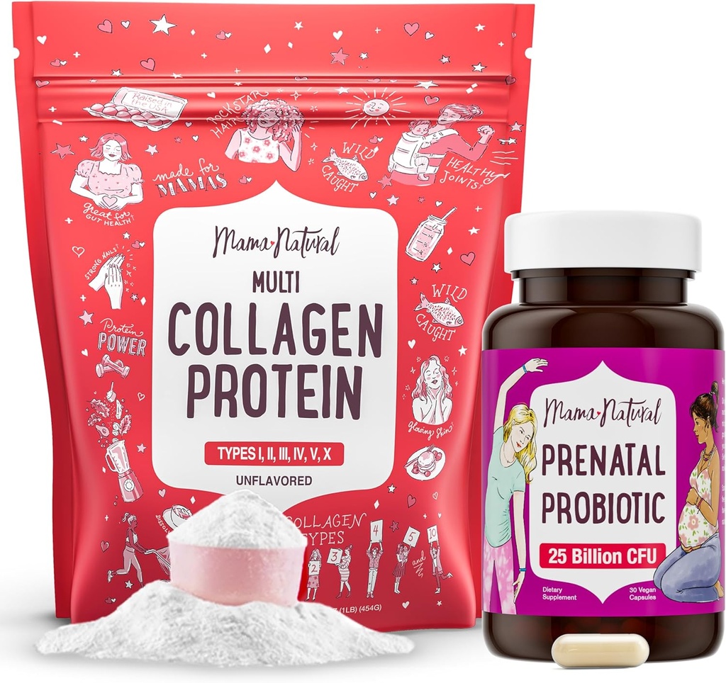 Mama Probiotique naturel prénatal et mélange de protéines multicollagènes - 25 milliards d'UFC et 11g de peptides de collagène hydrolysés pour la grossesse, les cheveux, la peau, les ongles et le soutien sanitaire digestif