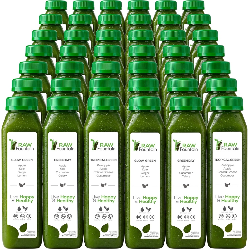 7 Day Green Juice Cleanse by Raw Fountain, All Natural Raw, Vegan Detox, Cold Pressed Juice, 42 Flaschen 12oz, 3 Ingwer Shots