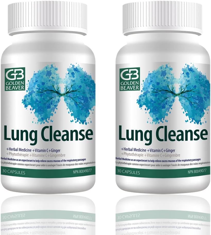 GB Golden Beaver® Lung Cleanse - Agente efficace per le persone a rischio o sfidato da infezioni virali, fumo, COPD, inquinamento-7 ingredienti naturali.2 Bottiglie