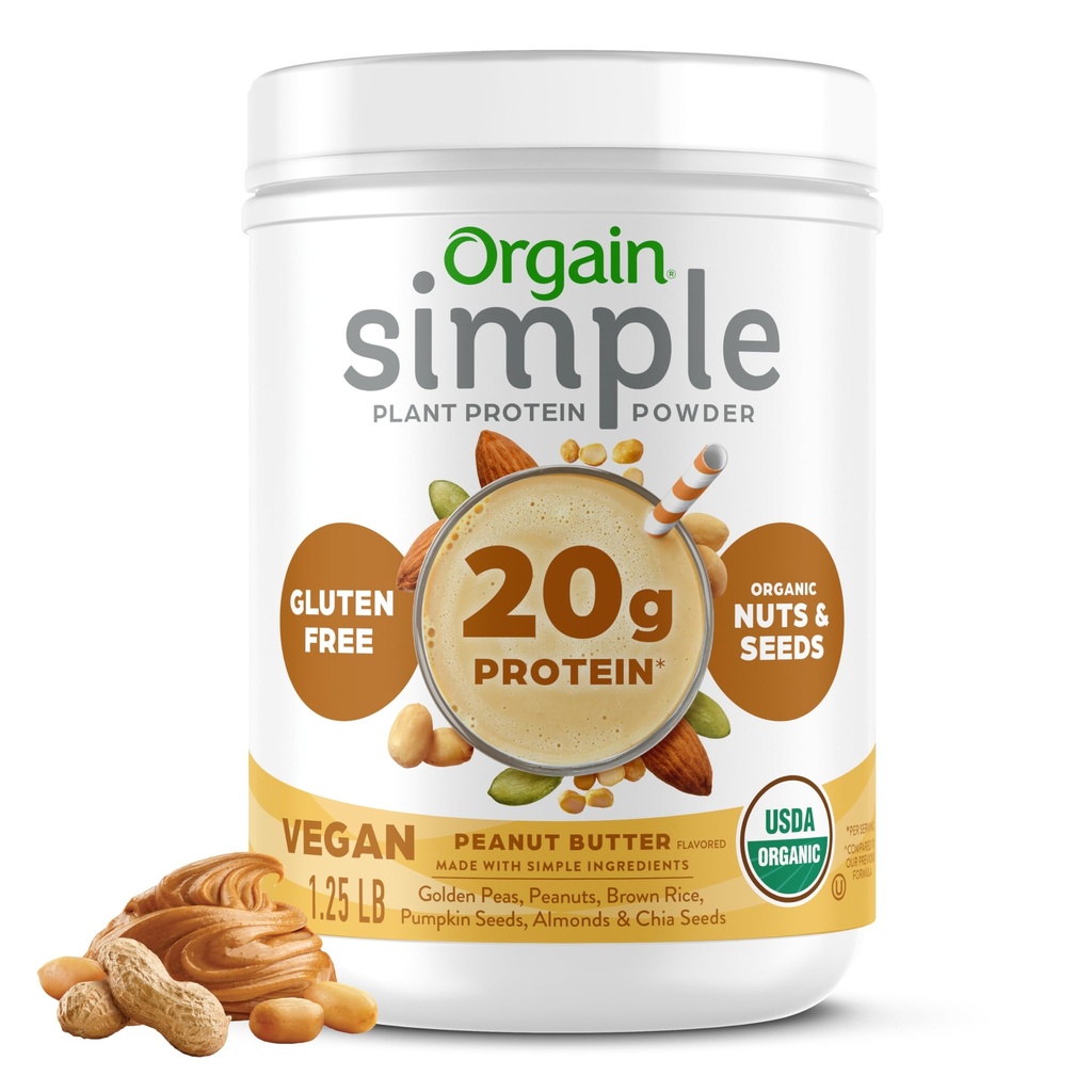 Orgain Organic Simple Vegan Protein Powder, burro di arachidi - 20g Proteine Basate sulle piante, con meno ingredienti, senza dolcificanti artificiali, senza glutine, senza latticini o lattosio, 1,25 lb (Packaging May Vary)
