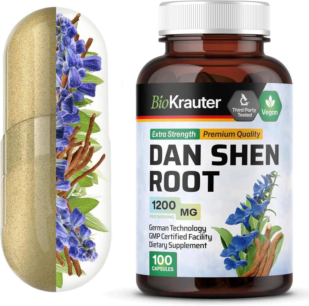 BIO KRAUTER Dan Shen Root Capsules - 1200 mg Résistance - 100 bouchons rouges - Source antioxydante - Salvia Miltiorrhiza Root - Vegan
