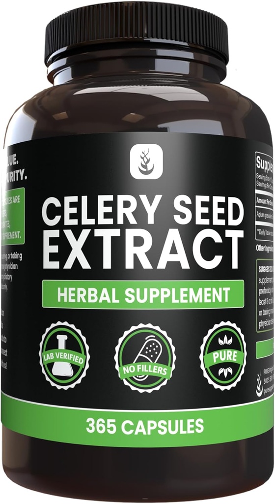 INGRÉDIENTS ORIGINAUX PURE Extrait de graines de céleri, (365 Capsules), Pas de magnésie ou de farine de riz, Toujours pur, Verifié en laboratoire