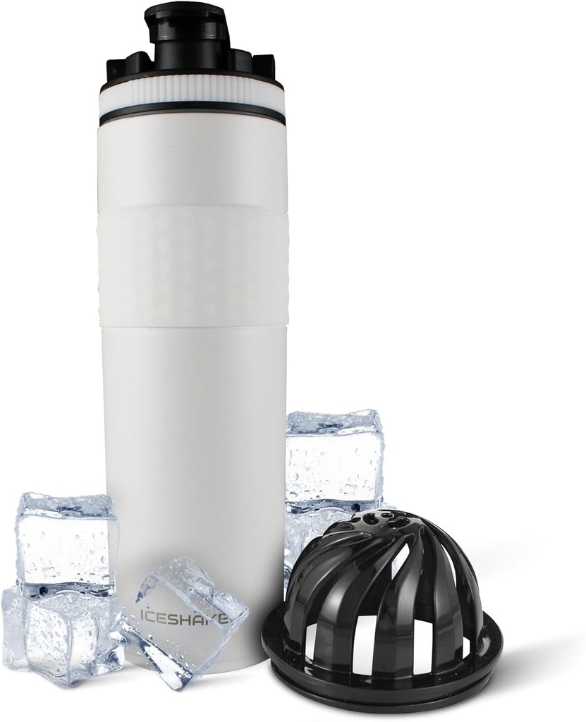 Ice Shaker Insulated Edelstahl Shaker Bottle | 20 oz, Weiß | Kalt für 24 Stunden | Insulated Cup mit Twist-on Agitator | Odor-freie Flasche für Protein Shakes, Wasser, Smoothies, Cocktails