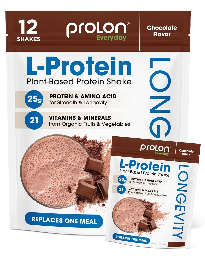 Prolon Longevity Plant Based Protein Powder | Muskelsynthese & Reparatur, Gesunde Alterung, Boost Performance | Vitamine, Glutenfrei, Aminosäuren, Antioxidantien | 25g Protein | Schokolade, 12 Packungen