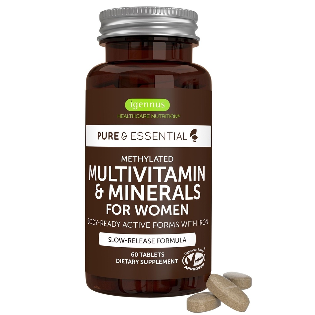 Multivitamina etilata ad alta potenza di Igennus per le donne, ingredienti puri e puliti, supplemento MTHFR con attivo B-Vitamins, vitamina K2 MK7, ferro gentile, ottenuto rilasciato, non OGM & Halal, 60 compresse
