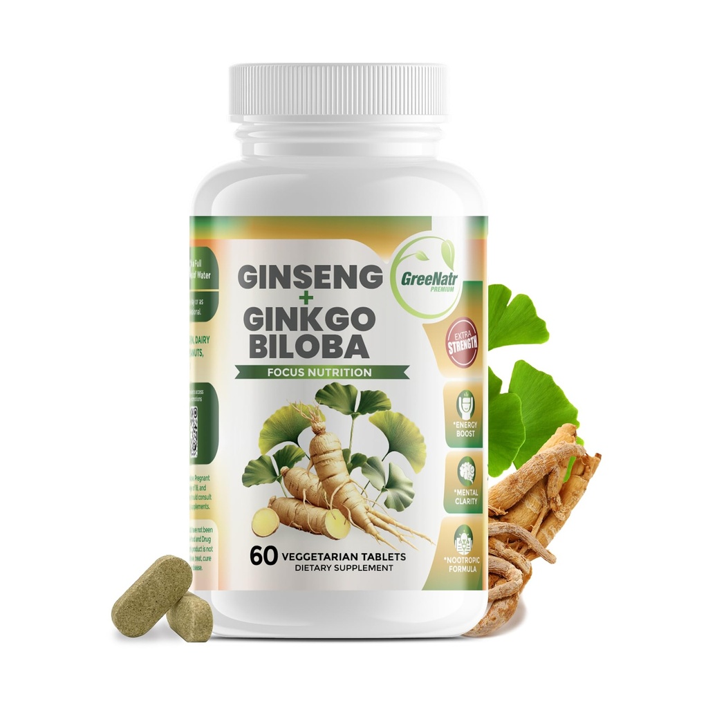 GreeNatr Ginko Biloba & Panax Ginseng Supplement - Red Ginseng Brain Supplement für Gedächtnis und Fokus - Ginkgo Biloba Ergänzungen für gute Vision, Immunsystem und verbesserten Blutfluss - 60 Tabletten