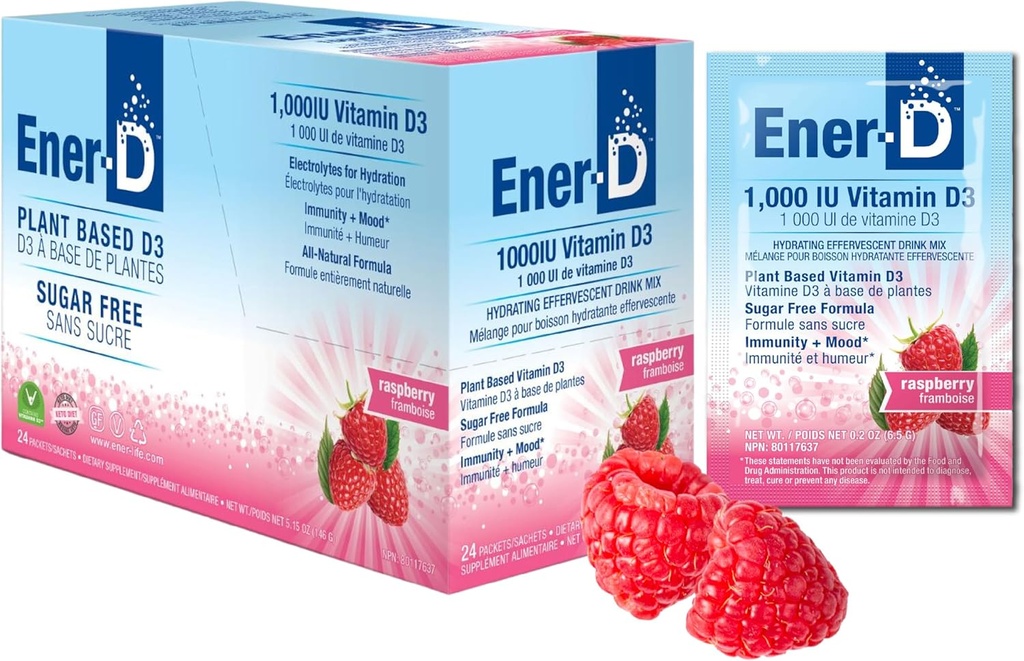 Ener-D Sugar Free Multivitamin Drink Mix - Vitamin D3 Pulver für Wasser, Elektrolyte Pulver Kein Zucker, Hydration Boost Packets, Zero Sugar, Vitamin D3 Supplement Liquid Mix - Raspberry, 24 Count