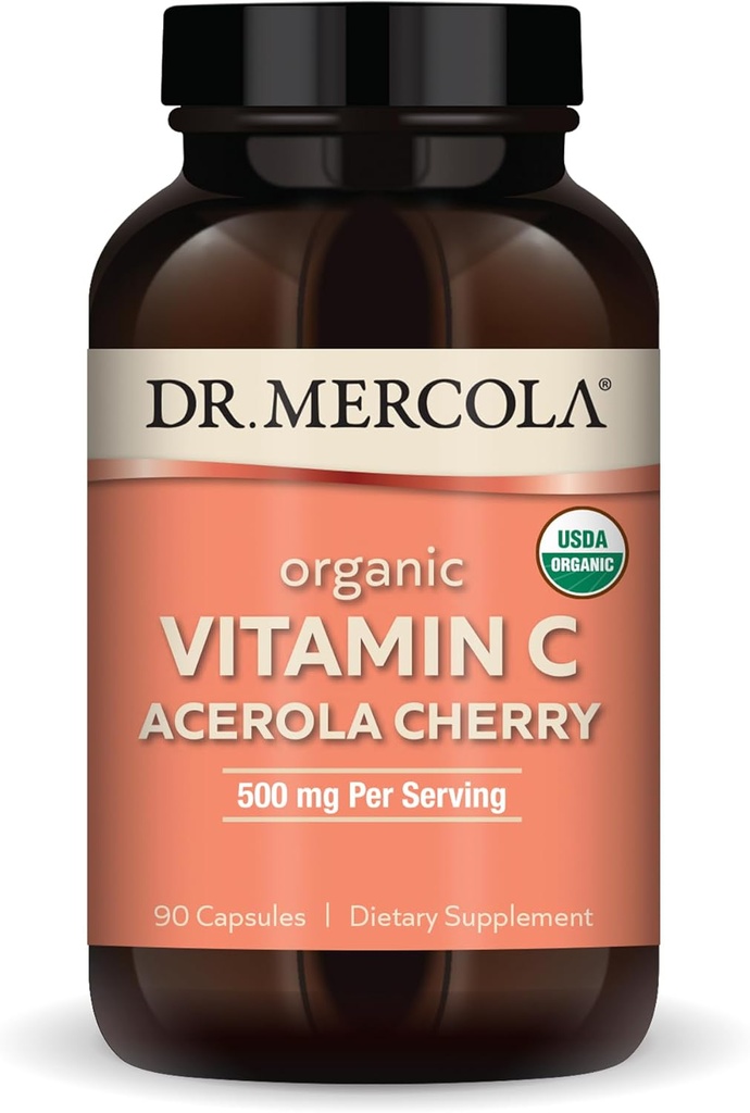 Dr. Mercola Bio Vitamin C Acerola Cherry, 30 Servierungen (90 Kapseln), 500 mg pro Servierung, Nahrungsergänzung, Unterstützt gesunde Immunfunktion, Non-GMO, zertifiziert USDA Organic
