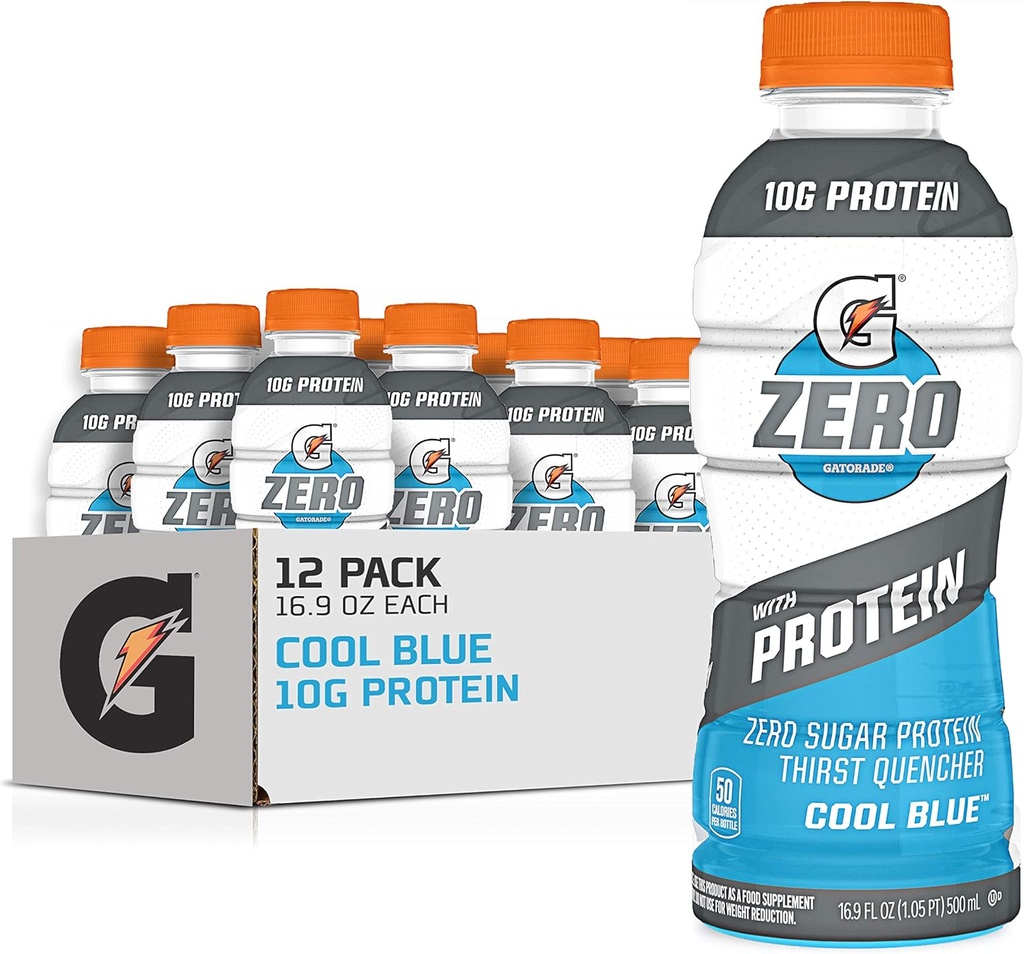 Gatorade Zero With Protein, 10g Whey Protein Isolate, Zero Sugar, vegetarisch, Liquid Electrolytes, Cool Blue, 16.9 Fl Oz Bottle, 12 Pack
