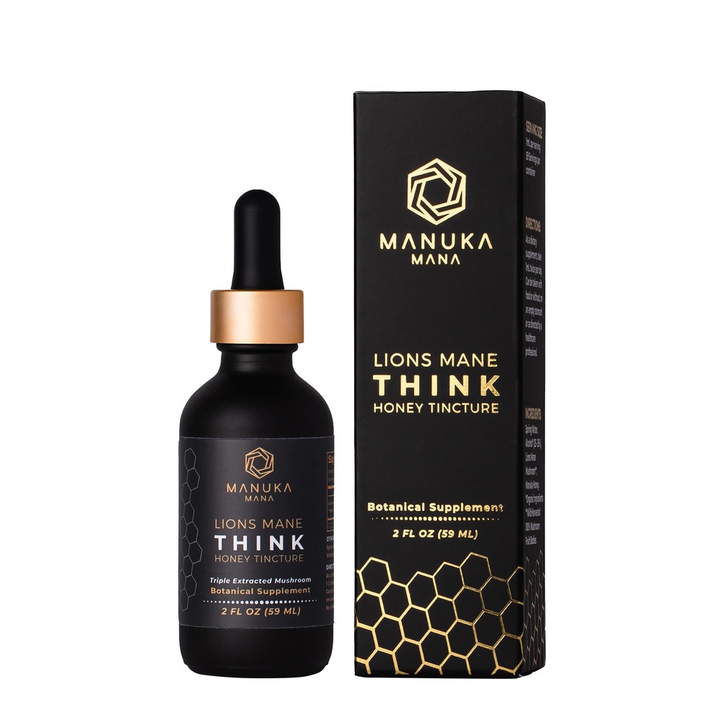 Lions Mane Think Honey Tincture USA Wild Harvested Lions Mane, Triple Extracted Tincture, Manuka Honey (MGO 150+), 100% Fruiting Body, 2 fl oz (60 Serve)