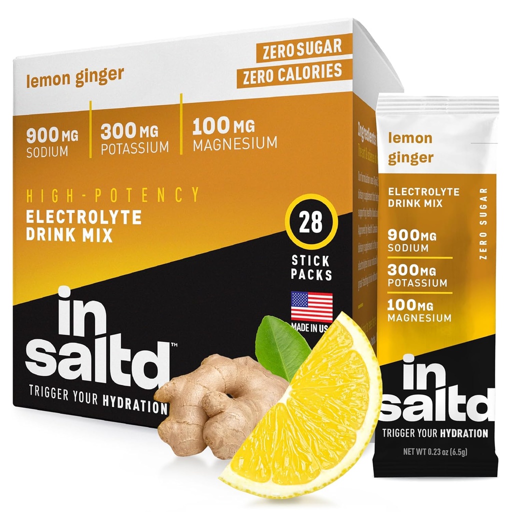 INSALTDTM Sugar-Free Electrolytes Pulver-Packets mit No Stevia Nachgeschmack | High-Potency Hydration Packets | Keto Electrolyte Drinks | Intermittent Fasting Drink Mix | 28 Pack (Lemon Ginger)