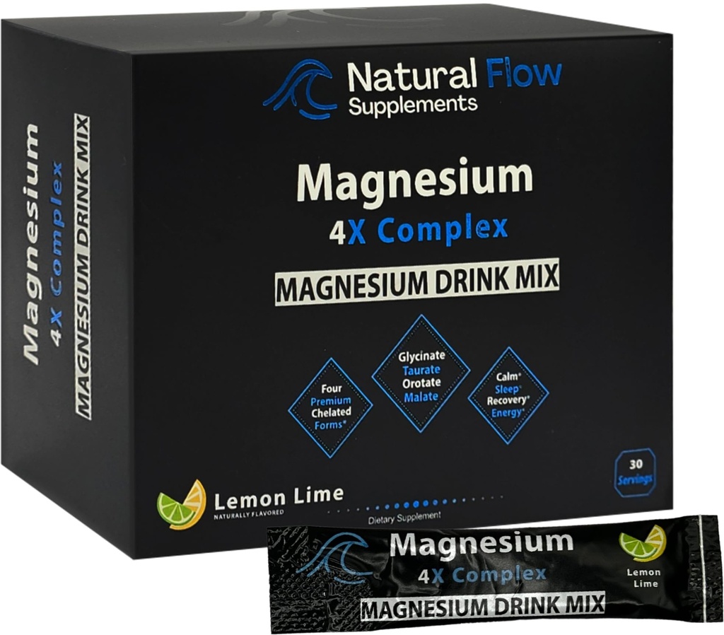 Boîtes de mélange de poudre de magnésium - Citron/Lime - Débit naturel 4X Glycinat de magnésium, Taurat, Malate, Supplément d'orotate, Mélange de soutien pour le sommeil et la crampe calme, Pas de citrate de Mag ou d'oxyde, Boîtes de 30 bâtons